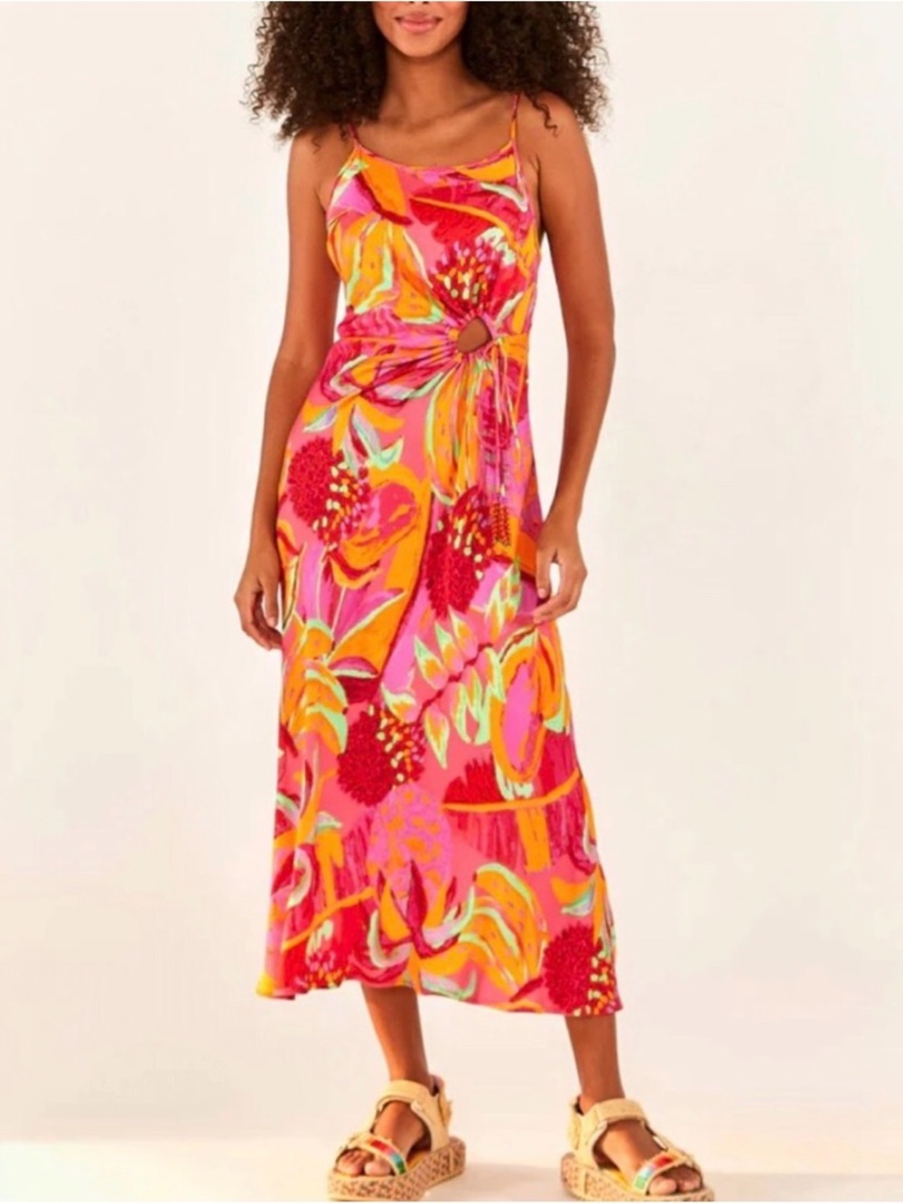 FARM Rio Pink Orange Tropical Midi Dress with Floral Print